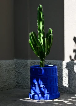 Terracotta Vase with Saucer Greca Blue