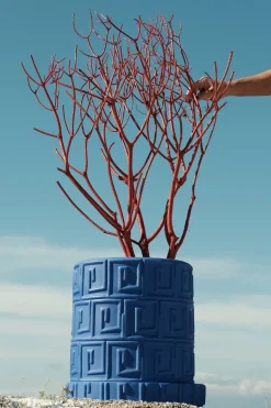 Terracotta Vase with Saucer Greca Blue