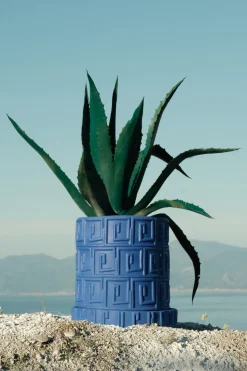 Terracotta Vase with Saucer Greca Blue